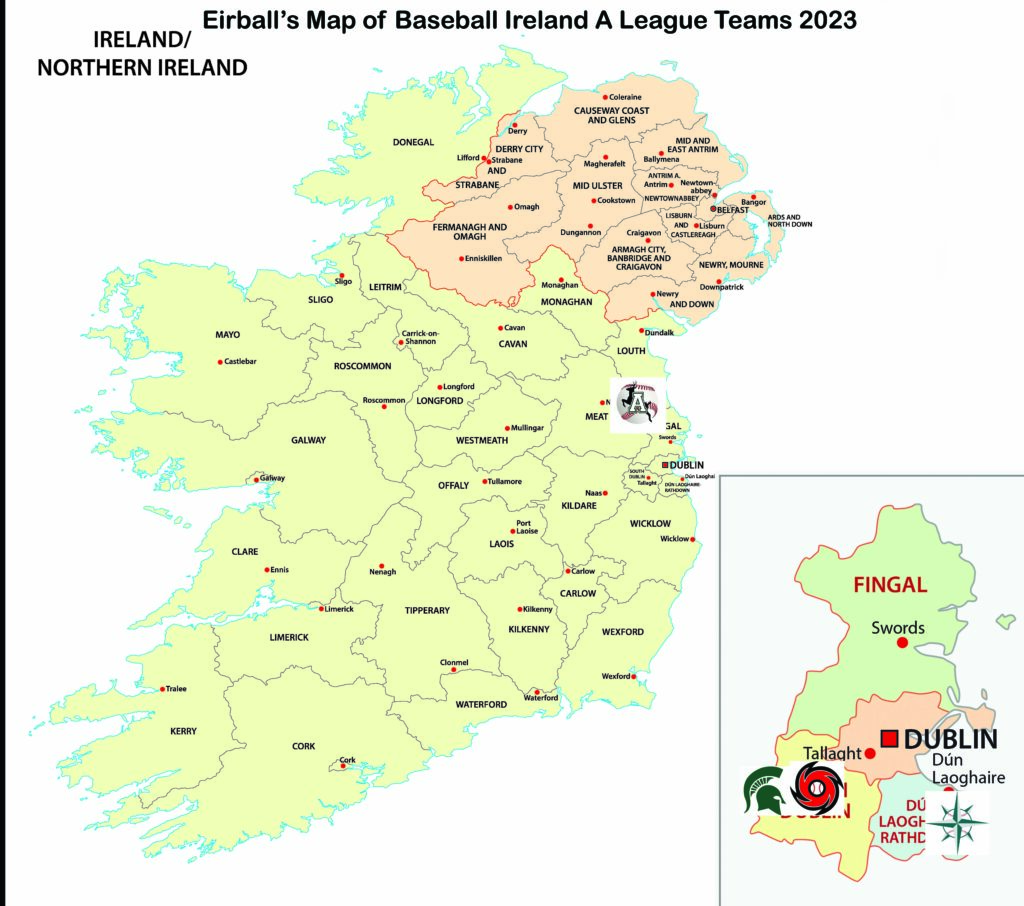 Eirball's Map of Baseball Ireland A League Teams 2023
